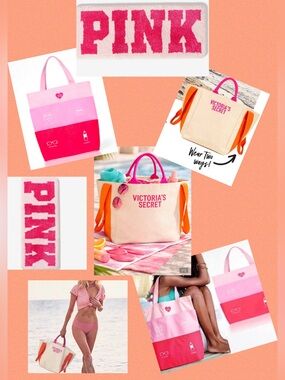 Set of 3, NWOT Victoria’s Secret Canvas Beach Totes (2) & NWT PINK Bath Mat